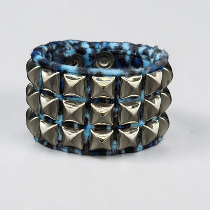 BC127LEOPARD THREE ROW FUZZY LEOPARD  PYRAMID STUDDED BRACELET CUFF