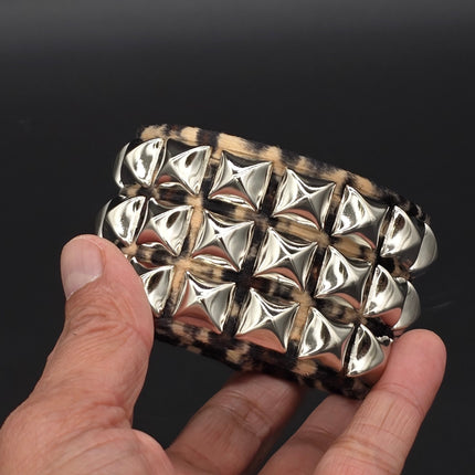 BC127LEOPARD THREE ROW FUZZY LEOPARD  PYRAMID STUDDED BRACELET CUFF