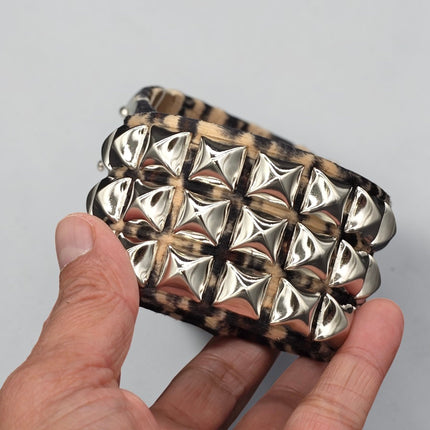BC127LEOPARD THREE ROW FUZZY LEOPARD  PYRAMID STUDDED BRACELET CUFF