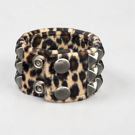 BC127LEOPARD THREE ROW FUZZY LEOPARD  PYRAMID STUDDED BRACELET CUFF