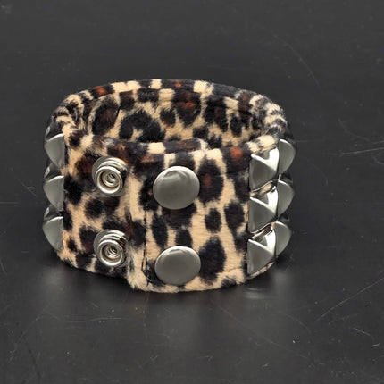 BC127LEOPARD THREE ROW FUZZY LEOPARD  PYRAMID STUDDED BRACELET CUFF