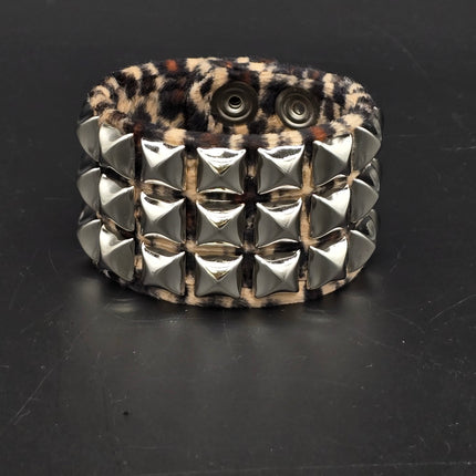 BC127LEOPARD THREE ROW FUZZY LEOPARD  PYRAMID STUDDED BRACELET CUFF
