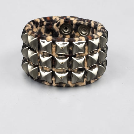 BC127LEOPARD THREE ROW FUZZY LEOPARD  PYRAMID STUDDED BRACELET CUFF
