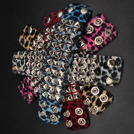 BC127LEOPARD THREE ROW FUZZY LEOPARD  PYRAMID STUDDED BRACELET CUFF