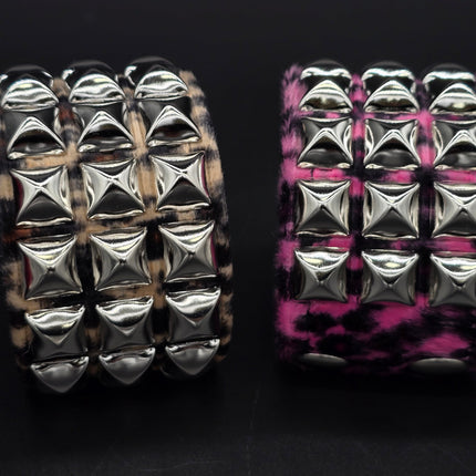 BC127LEOPARD THREE ROW FUZZY LEOPARD  PYRAMID STUDDED BRACELET CUFF