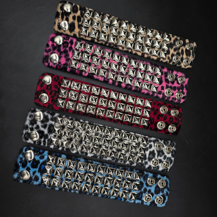 BC127LEOPARD THREE ROW FUZZY LEOPARD  PYRAMID STUDDED BRACELET CUFF