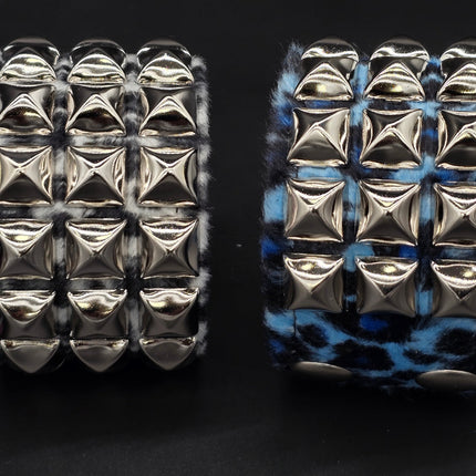BC127LEOPARD THREE ROW FUZZY LEOPARD  PYRAMID STUDDED BRACELET CUFF