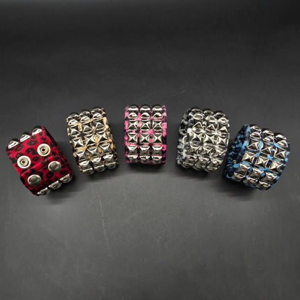 BC127LEOPARD THREE ROW FUZZY LEOPARD  PYRAMID STUDDED BRACELET CUFF