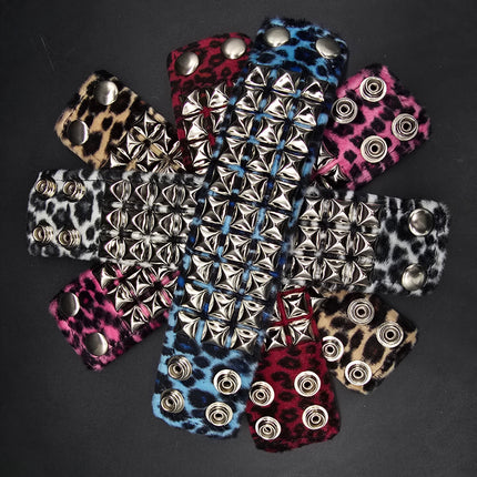 BC127LEOPARD THREE ROW FUZZY LEOPARD  PYRAMID STUDDED BRACELET CUFF