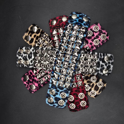 BC127LEOPARD THREE ROW FUZZY LEOPARD  PYRAMID STUDDED BRACELET CUFF