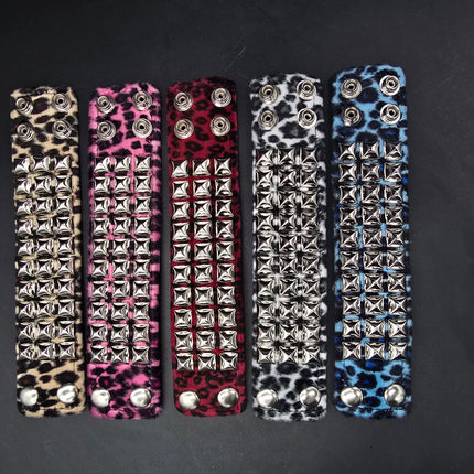 BC127LEOPARD THREE ROW FUZZY LEOPARD  PYRAMID STUDDED BRACELET CUFF
