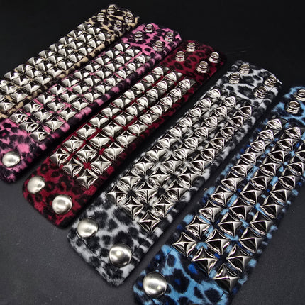 BC127LEOPARD THREE ROW FUZZY LEOPARD  PYRAMID STUDDED BRACELET CUFF