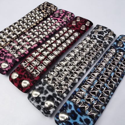 BC127LEOPARD THREE ROW FUZZY LEOPARD  PYRAMID STUDDED BRACELET CUFF