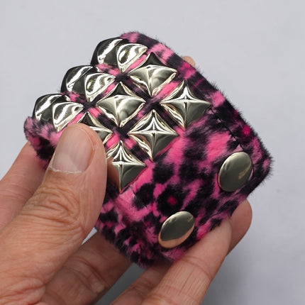 BC127LEOPARD THREE ROW FUZZY LEOPARD  PYRAMID STUDDED BRACELET CUFF