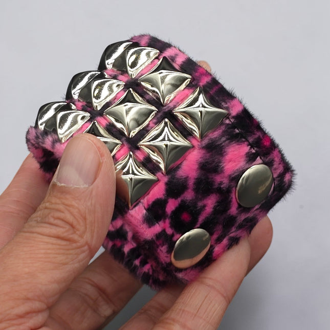 BC127LEOPARD THREE ROW FUZZY LEOPARD  PYRAMID STUDDED BRACELET CUFF