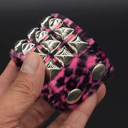BC127LEOPARD THREE ROW FUZZY LEOPARD  PYRAMID STUDDED BRACELET CUFF