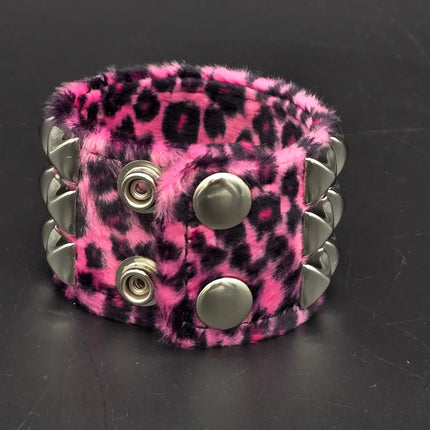 BC127LEOPARD THREE ROW FUZZY LEOPARD  PYRAMID STUDDED BRACELET CUFF