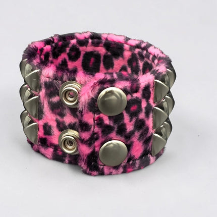 BC127LEOPARD THREE ROW FUZZY LEOPARD  PYRAMID STUDDED BRACELET CUFF