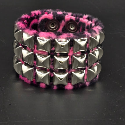 BC127LEOPARD THREE ROW FUZZY LEOPARD  PYRAMID STUDDED BRACELET CUFF