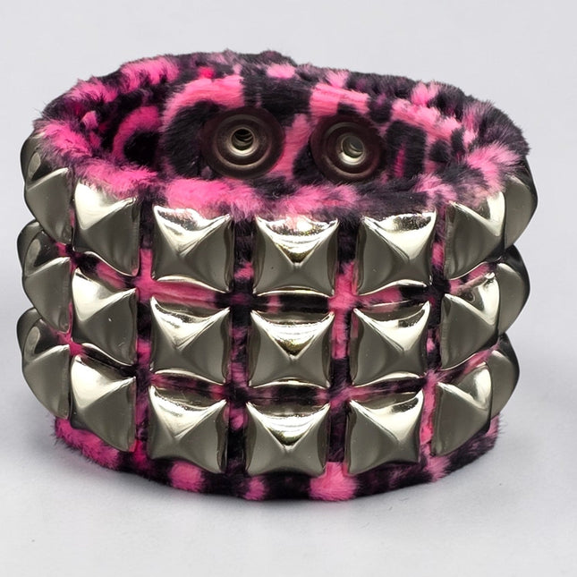 BC127LEOPARD THREE ROW FUZZY LEOPARD  PYRAMID STUDDED BRACELET CUFF