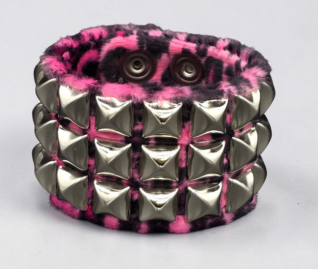 BC127LEOPARD THREE ROW FUZZY LEOPARD  PYRAMID STUDDED BRACELET CUFF