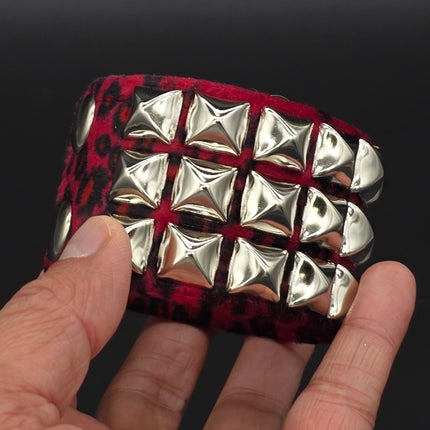 BC127LEOPARD THREE ROW FUZZY LEOPARD  PYRAMID STUDDED BRACELET CUFF