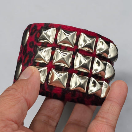 BC127LEOPARD THREE ROW FUZZY LEOPARD  PYRAMID STUDDED BRACELET CUFF