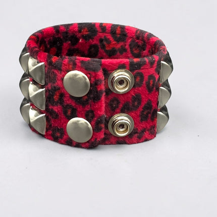 BC127LEOPARD THREE ROW FUZZY LEOPARD  PYRAMID STUDDED BRACELET CUFF