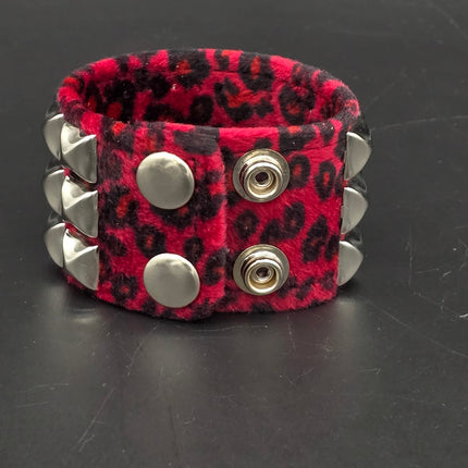 BC127LEOPARD THREE ROW FUZZY LEOPARD  PYRAMID STUDDED BRACELET CUFF