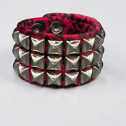 BC127LEOPARD THREE ROW FUZZY LEOPARD  PYRAMID STUDDED BRACELET CUFF