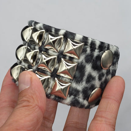 BC127LEOPARD THREE ROW FUZZY LEOPARD  PYRAMID STUDDED BRACELET CUFF
