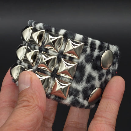 BC127LEOPARD THREE ROW FUZZY LEOPARD  PYRAMID STUDDED BRACELET CUFF