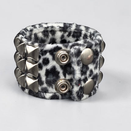 BC127LEOPARD THREE ROW FUZZY LEOPARD  PYRAMID STUDDED BRACELET CUFF