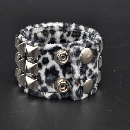 BC127LEOPARD THREE ROW FUZZY LEOPARD  PYRAMID STUDDED BRACELET CUFF