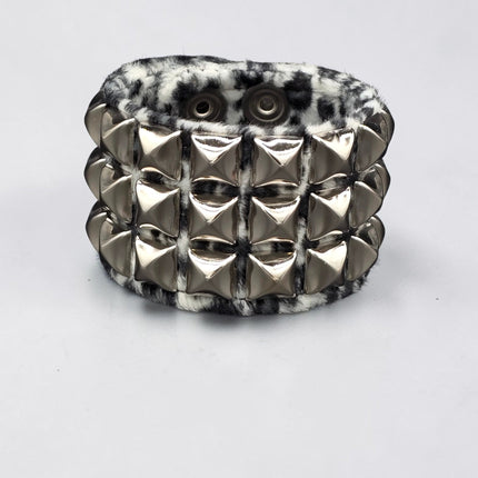 BC127LEOPARD THREE ROW FUZZY LEOPARD  PYRAMID STUDDED BRACELET CUFF