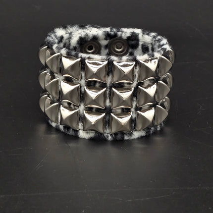 BC127LEOPARD THREE ROW FUZZY LEOPARD  PYRAMID STUDDED BRACELET CUFF