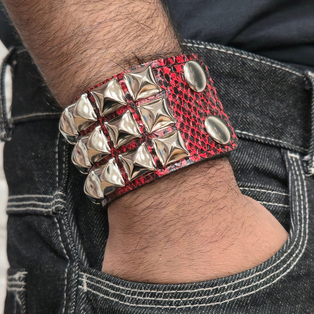 RED SNAKE SKIN VEGAN  LEATHER STUDDED BRACELET