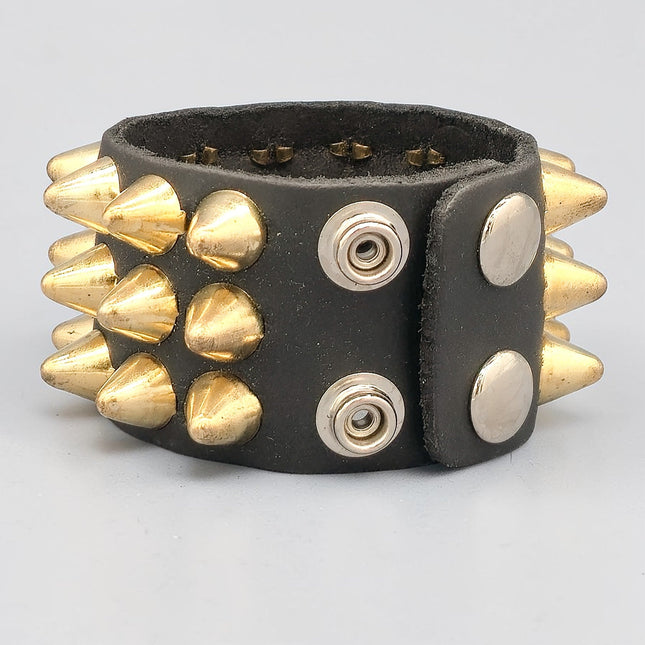 BC127UK 3 ROW UK77 TALL CONE STUDDED LEATHER BRACELET