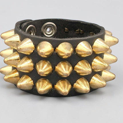 BC127UK 3 ROW UK77 TALL CONE STUDDED LEATHER BRACELET