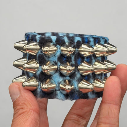 BC127UK77 LEOPARD THREE ROW FUZZY LEOPARD UK77  STUDDED BRACELET CUFF