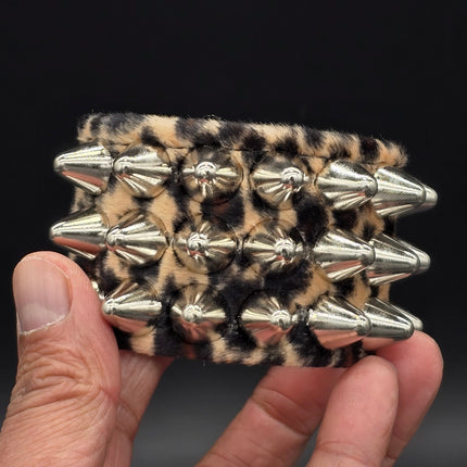 BC127UK77 LEOPARD THREE ROW FUZZY LEOPARD UK77  STUDDED BRACELET CUFF