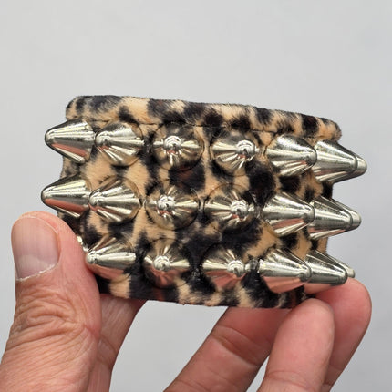 BC127UK77 LEOPARD THREE ROW FUZZY LEOPARD UK77  STUDDED BRACELET CUFF