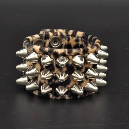 BC127UK77 LEOPARD THREE ROW FUZZY LEOPARD UK77  STUDDED BRACELET CUFF