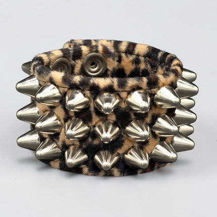 BC127UK77 LEOPARD THREE ROW FUZZY LEOPARD UK77  STUDDED BRACELET CUFF