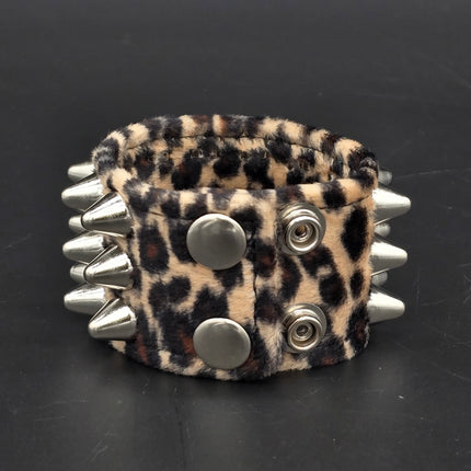 BC127UK77 LEOPARD THREE ROW FUZZY LEOPARD UK77  STUDDED BRACELET CUFF