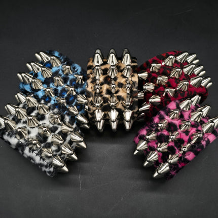 BC127UK77 LEOPARD THREE ROW FUZZY LEOPARD UK77  STUDDED BRACELET CUFF
