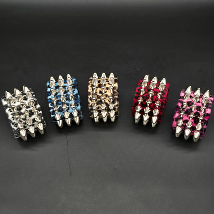 BC127UK77 LEOPARD THREE ROW FUZZY LEOPARD UK77  STUDDED BRACELET CUFF