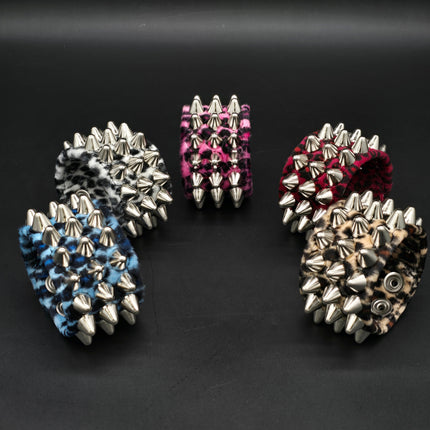 BC127UK77 LEOPARD THREE ROW FUZZY LEOPARD UK77  STUDDED BRACELET CUFF