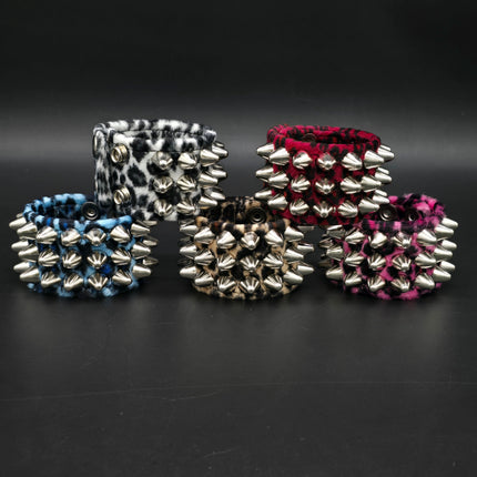 BC127UK77 LEOPARD THREE ROW FUZZY LEOPARD UK77  STUDDED BRACELET CUFF