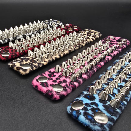 BC127UK77 LEOPARD THREE ROW FUZZY LEOPARD UK77  STUDDED BRACELET CUFF